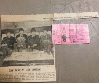 Beatles 1964 Concert Ticket Stub Jacksonville,  Fl - Rare.  W/jax Articles