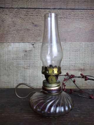 Antique Miniature Oil Lamp Clear Swirl Glass With Metal Finger Loop 6 "