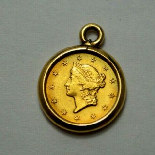Rare 1853 Liberty Head Gold $1 Early Gold Dollar Coin In 14k Gold Bezel Pendant