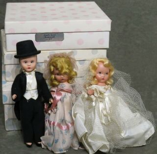 Dolls Nancy Ann Storybook Bisque Bride,  Bridesmaid & Plastic Groom Nos.  86 87 88
