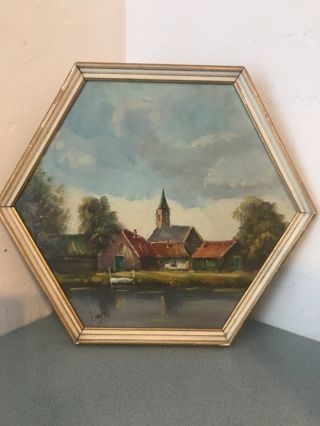 Antique Oil Painting On Board.  Landscape.  Church & Homes.  Framed Polygon.