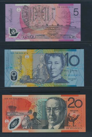 Australia: 1996 $5 To $100 " Rare Dated 00 Prefix Matching Low No " Set.  Cat $1250