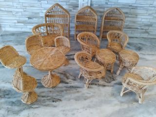 Estate Vintage Wicker Rattan Doll House Furniture Set 15 Piaces See Pictures