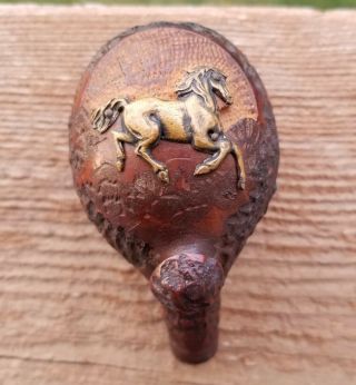 Antique European Carved Briar Pipe Bowl With Brass Horse Decoration