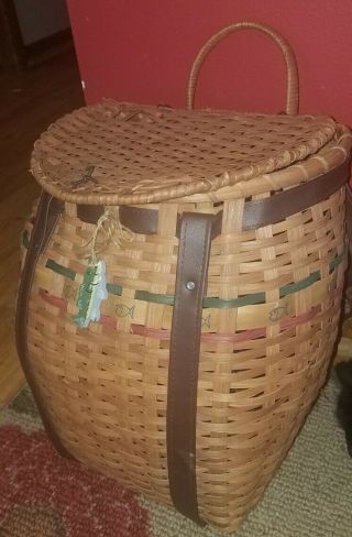 Huge Vintage Wicker Fishing Creel Basket W/leather Strap Red/green Weaving