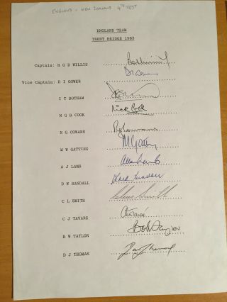 1983 Signed Byall 12 England V Zealand Official Team Sheet Inc Rare D Thomas