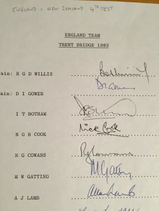 1983 Signed byAll 12 England v Zealand Official Team Sheet inc RARE D Thomas 2