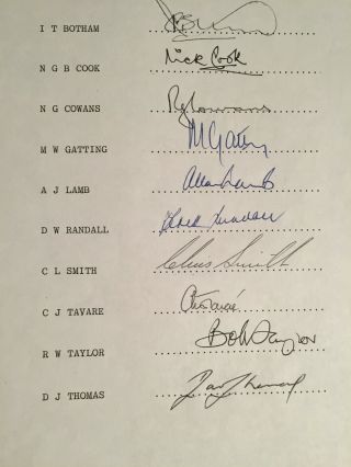 1983 Signed byAll 12 England v Zealand Official Team Sheet inc RARE D Thomas 3