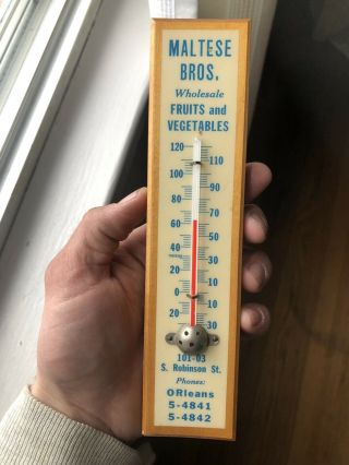 Antique Vtg 1940s 1950s Baltimore Md Produce Wooden Thermometer Sign Fruits Ad