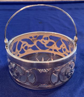 Vintage Antique Clear Glass Sterling Silver Overlay Basket Candy Dish W/ Handle