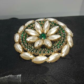 Vintage Signed " Warner " Pave Set Rhinestone/pearl Flower Brooch And Earring Set