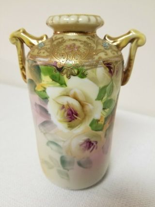 Antique 6 " Nippon Hand Painted Moriage Floral Vase With Gold Embossed Details