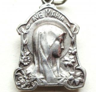 Ave Maria & Floral Art Nouveau Decor Antique Silver Medal - Holy Mary Of Lourdes