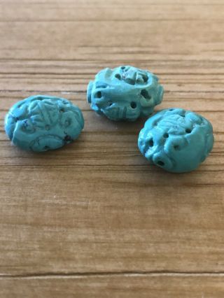 3 Vintage Old Stock Carved Chinese Turquoise Shou Beads 14mm