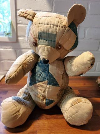 Vintage Handmade Quilt Teddy Bear Jointed Button Eyes Large