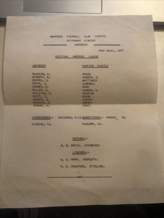 Aberdeen V Partick Thistle Team Sheet Rare 16/4/77 1977