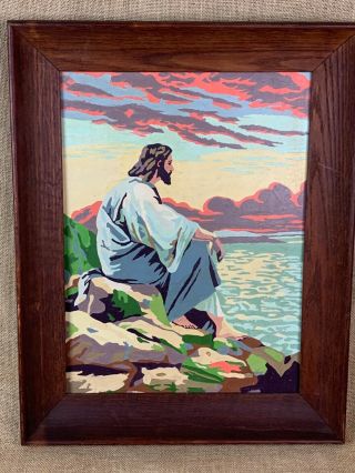 Framed Vintage Paint By Number Jesus Meditating Portrait Wood Framed 19 X 16