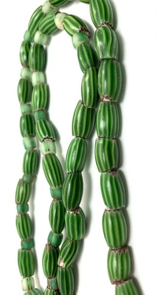 Antique Venetian Glass Trade Beads Strand Necklace Green Watermelon Chevron 24”