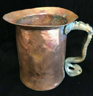 Antique Hand Made Hammered Copper Pitcher With Brass Handle 5.  58 " Tall