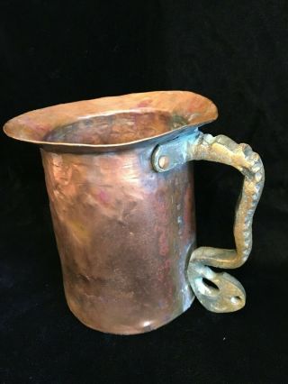 Antique Hand made Hammered Copper Pitcher with Brass Handle 5.  58 