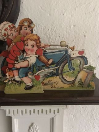 Large Antique Valentine Card Motorcycle Accident Googly Eye Children Dog Goose