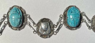 Antique Art Deco Egyptian Revival Silver Scarab Bracelet - Marked ‘v’ - Broken