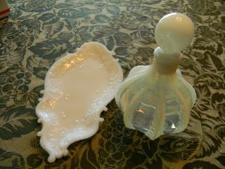 Antique Victorian Milk Glass " Smith " Vanity Tray With Opalescent Bubble Bottle