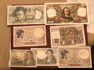 France French 5,  50 & 100 Francs Bank Notes World War Ii Era Rare