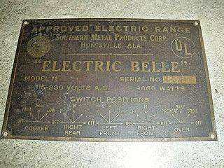 Antique Vintage Electric Belle Range Huntsville Ala Metal Switch Position Plate