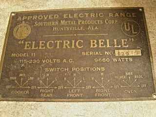 Antique Vintage Electric Belle Range Huntsville Ala Metal Switch Position Plate 2