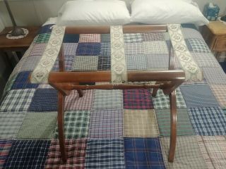 Vintage Wood Folding Luggage Suitcase Rack Stand W/ Tapestry Straps Maple Wood