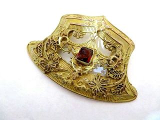Antique Victorian Gilt Brass Art Nouveau Floral Sash Pin Brooch W/ Topaz Stone