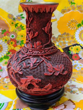 Old Vtg Antique Red Cinnabar Chinese Carved Lacquer Floral Birds Asian Urn Vase