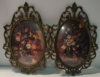 Pair Italian Antique Victorian Miniature Oval Floral Still Life Paintings 1960 