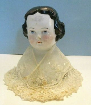 Antique Early German ? 5 " China Head Doll Flat Top High Brow Tambour Lace Shawl