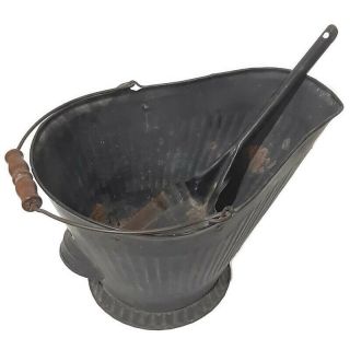 Vintage Coal Ash Bucket Painted Black Metal Wood Handle With Shovel