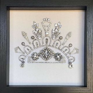 Framed Vintage Jewelry Art Silver Princess Queen Crown Rhinestones 10x10 Bling