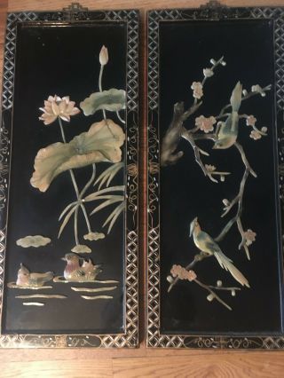Oriental Birds Carved Soapstone Chinese Black Lacquer Wall Plaque Set
