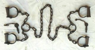 Old Vintage Antique Strong Heavy Iron Long Chain Rare Lock Handcuffs Collectible