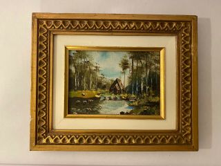 Antique Framed Oil Painting Landscape Cottage By The Lake,  Webster,