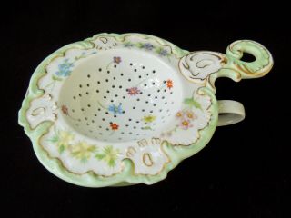 Antique Vintage Millefleurs Hand - Painted Porcelain Tea Strainer Aqua - Green/gold