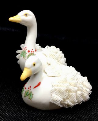 Vintage Muller - Volkstedt Mv Irish Dresden Ducks W Holly Porcelain Lace Figurine.