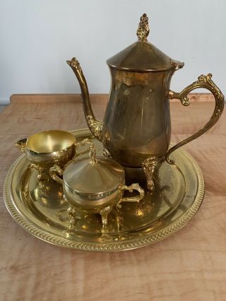 Vintage Leonard Brass Plated 3 Pc Set Tea Coffee Water Pot Creamer Sugar