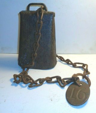 Antique Hand - Made Cow Bell,  Folded Metal W/rivets,  Clapper,  Chain & Brass Id Tag