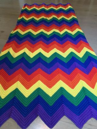 Groovy Vintage Rainbow Zigzag Crochet Afghan Blanket Throw 70s