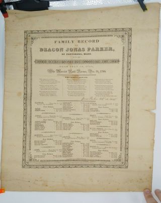 Antique Family Record Of Deacon Jonas Parker - Pepperell Ma Born In 1766