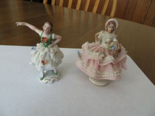 Two Antique Pink Dress Dresden Lace Skirt Lady Porcelain Figurine Germany