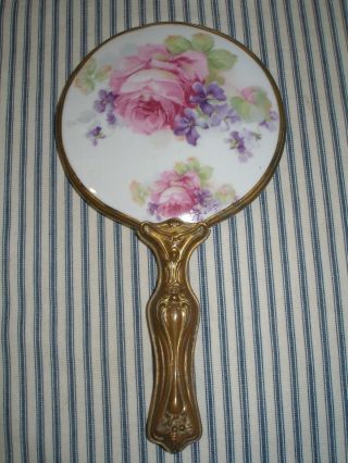 Best C.  1900 Art Nouveau Hand Mirror,  Roses & Violets,  Porcelain & Brass,  Antique