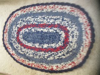 Antique Braided Rag Rug Oval 40 " X 27 " Red White & Blue Calico