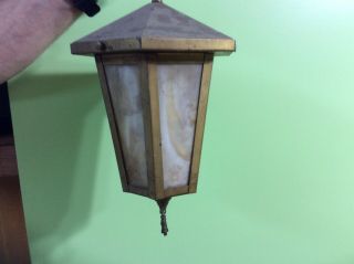 Vintage Arts Crafts Movement Brass Slag Glass Ceiling Light W Chain